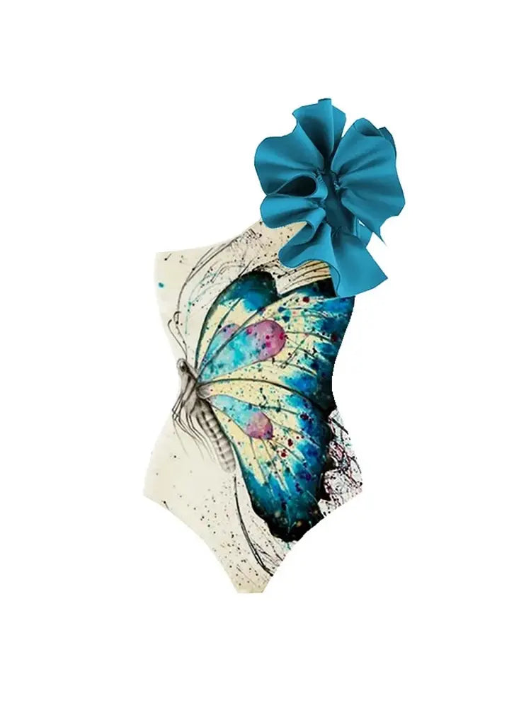 One Shoulder Butterfly Print Floral Swimsuit