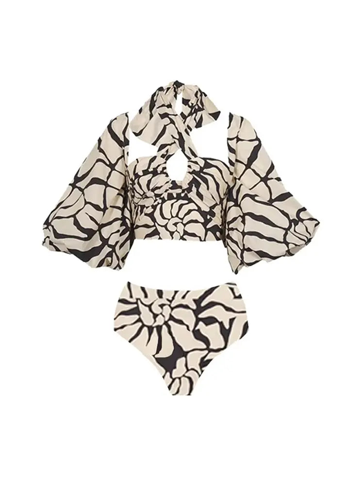 Halter Printed Swimsuit Set with Detachable Sleeves