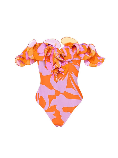 Strapless Ruffle Floral Print One Piece Swimsuit
