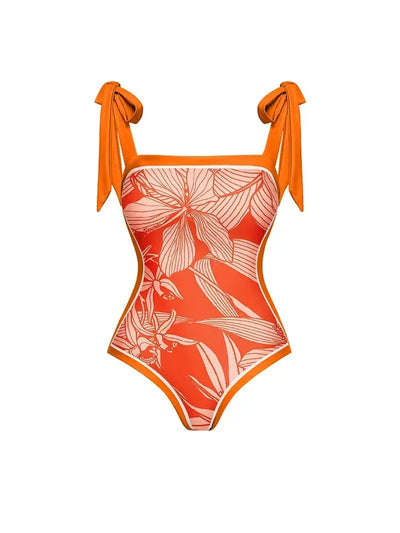 Tie Strap Print One Piece Swimsuit Set