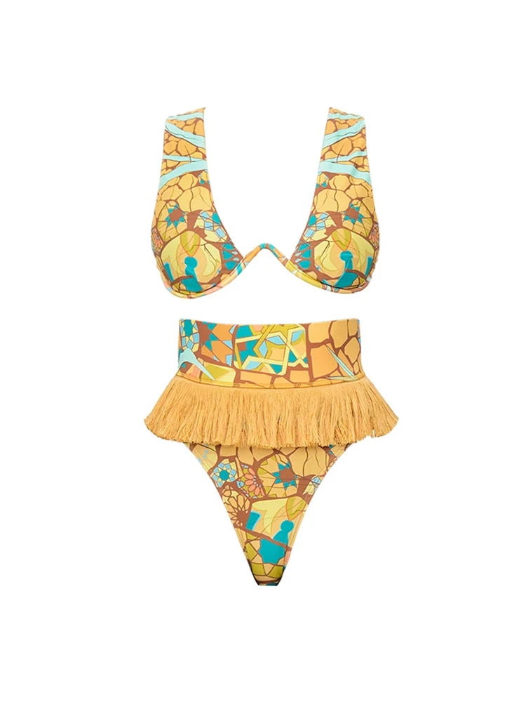 Boho Tassel Tribal Print Bikini Set