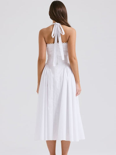 White Backless Halter Midi Dress