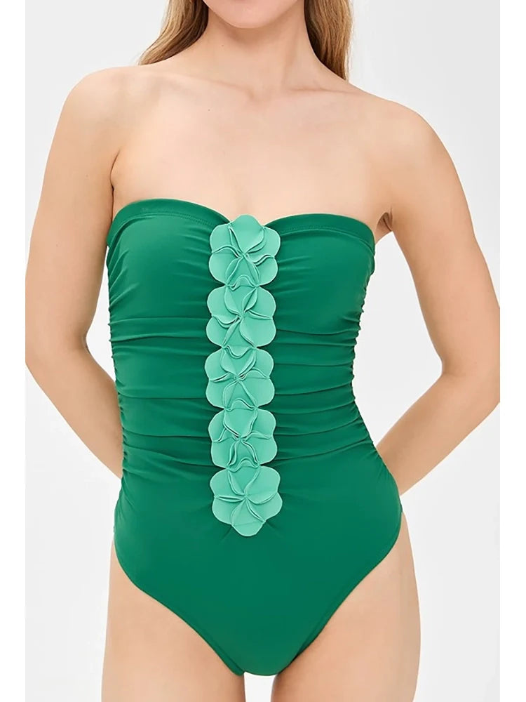 Green 3D Floral Strapless Swimsuit