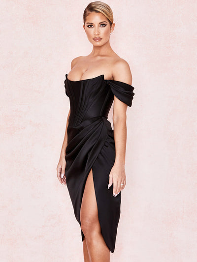 Cap Shoulder Corset Bodycon Midi Dress - Black