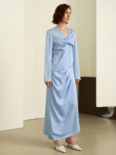 V-Neck Knot Blouse & Skirt Ensemble