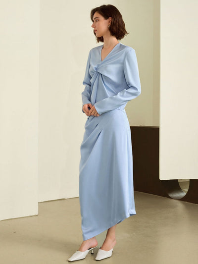 V-Neck Knot Blouse & Skirt Ensemble