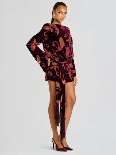 Paisley Bell-Sleeve Fringe Belt Mini Dress