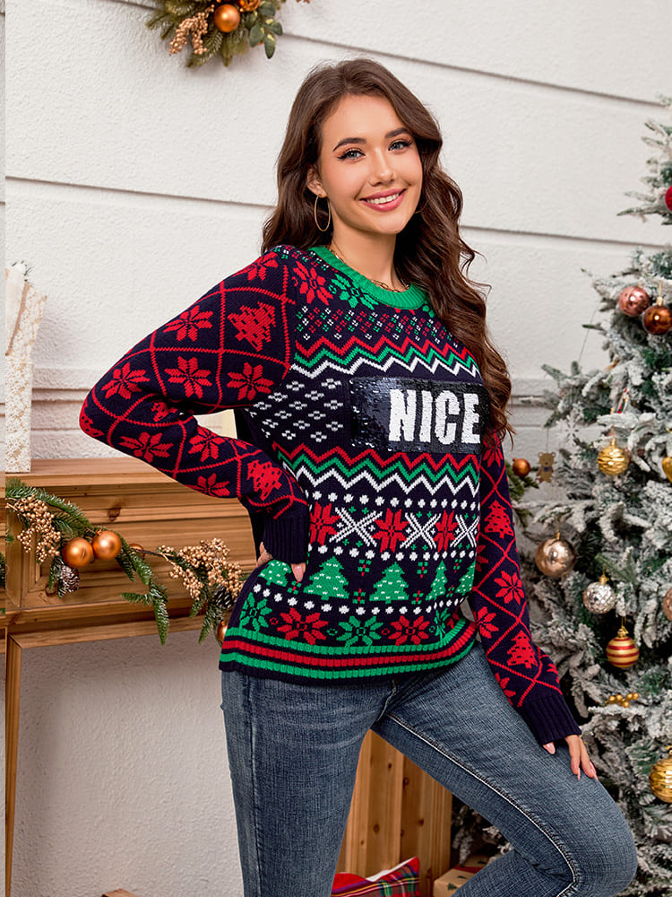 Sequin Embroidered Christmas Jacquard Knitted Sweater