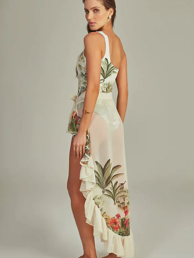One-Shoulder Cutout Tropical Print Swimsuit