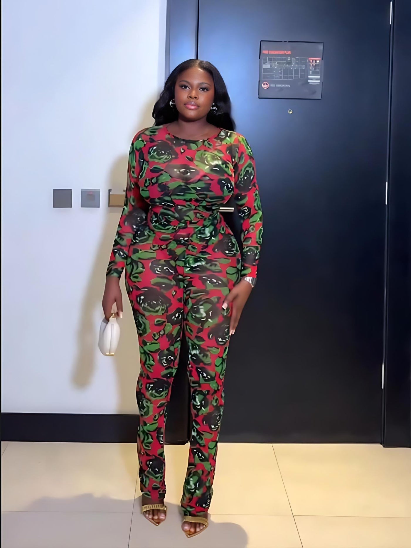 Red & Green Abstract Floral Print Bodysuit Pants Set