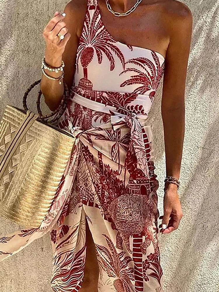One-Shoulder Palm Print Swimsuit Set