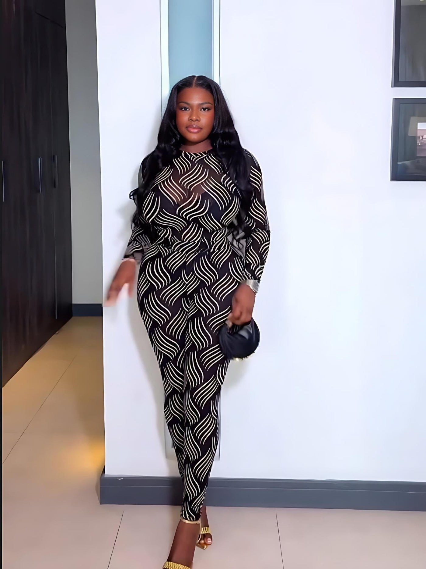 Black & White Wave Print Sheer Bodysuit Pants Set