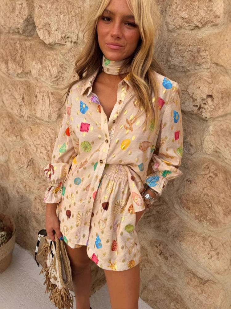 Stylish Linen Gold-Print Shorts Set