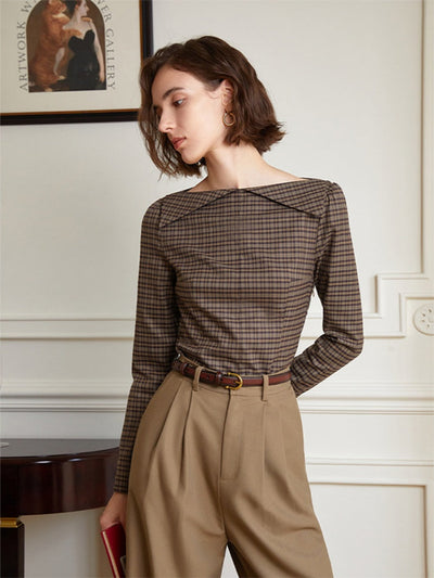 French Vintage Off-Shoulder Plaid Blouse