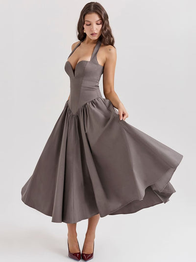 Halter Neck Midi Dress with Side Slit - Smoky Gray