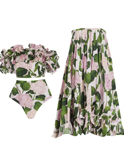 Ruffled Hydrangea Strapless Bikini Set