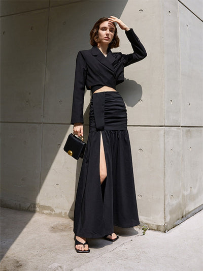 Black  High-Slit High-Waist  A-Line Skirt