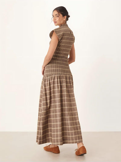 Check Shirred Drop Waist Maxi Dress