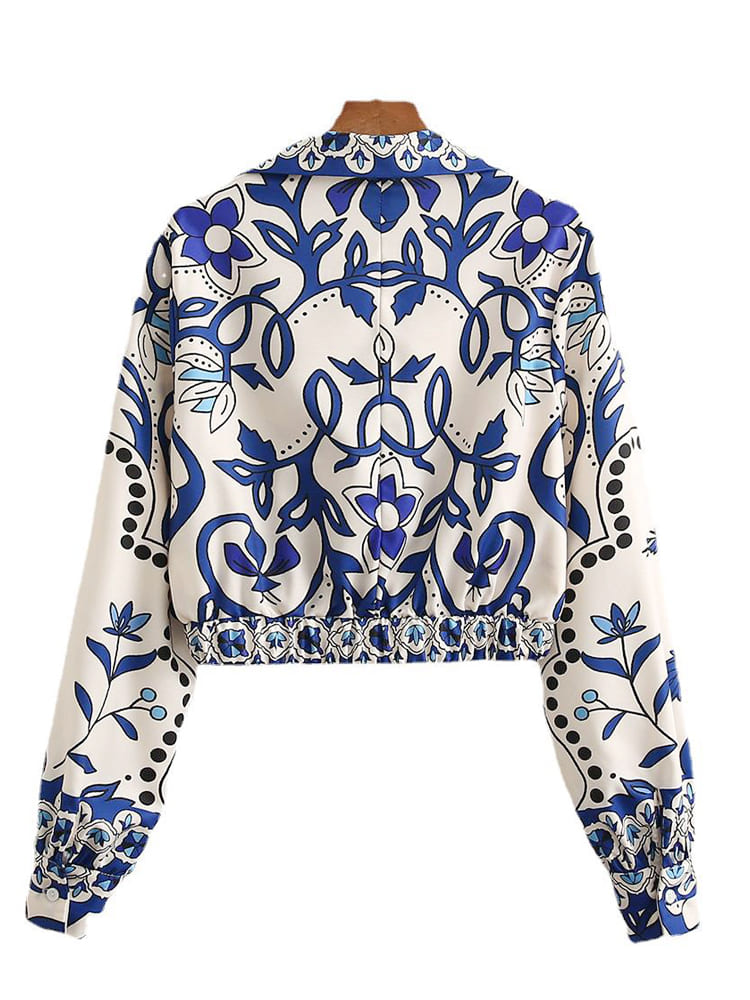 Fashion Printed V-Neck Long Sleeve Cropped Top and Skirt Set