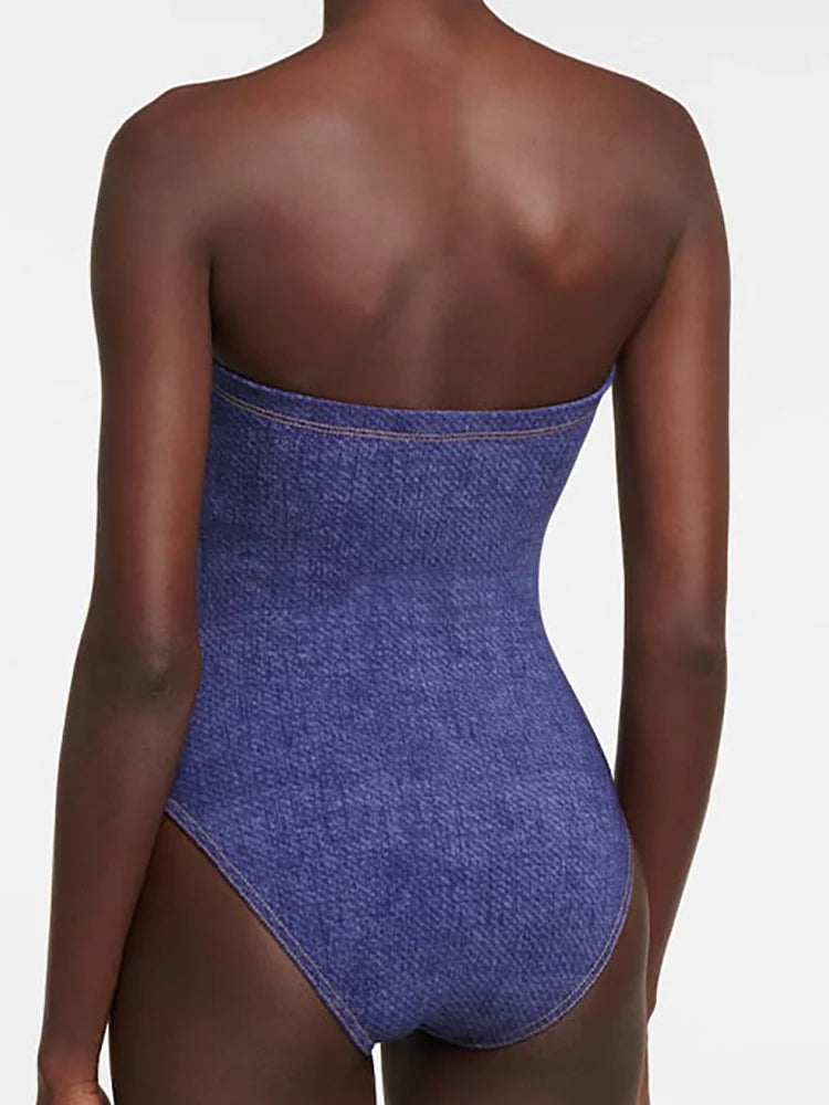 Denim Bandeau One Piece Swimsuit Set