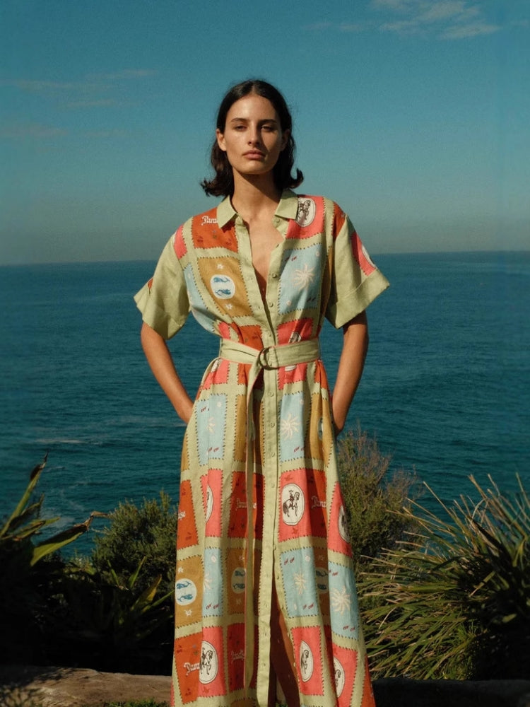 Shirt Collar Linen Long Dress