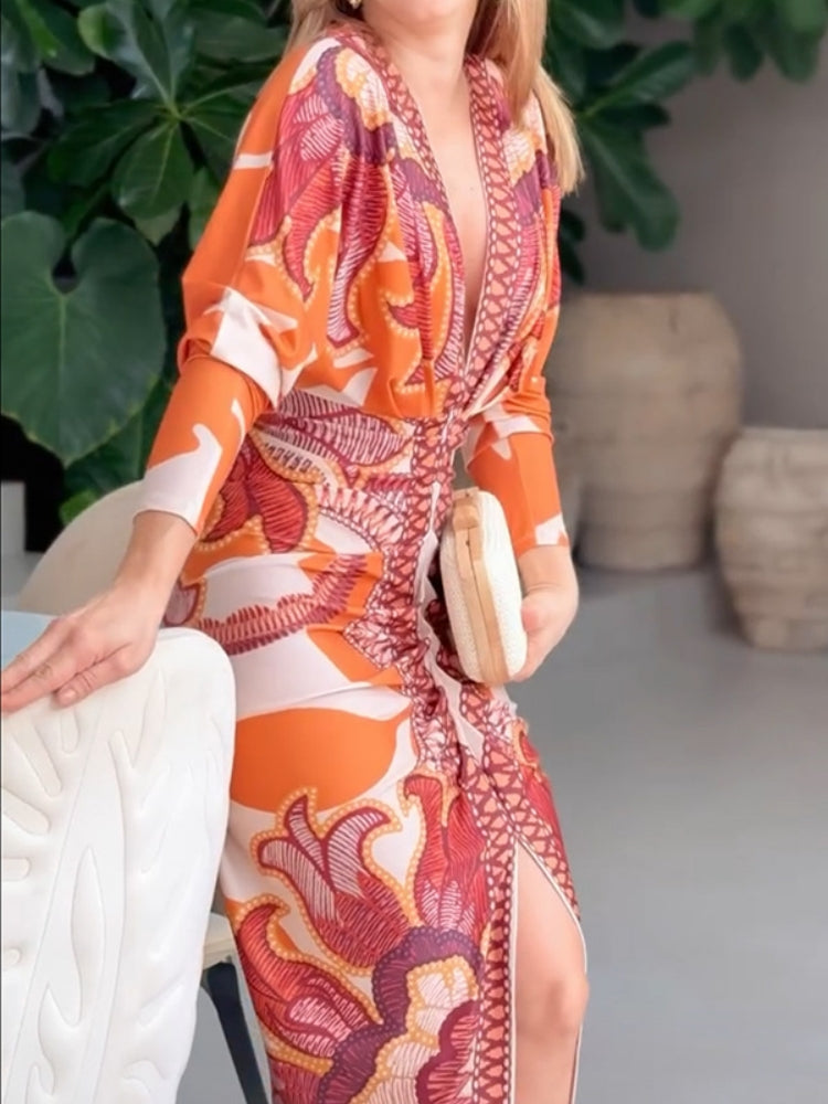 V-Neck Slit Print Dress