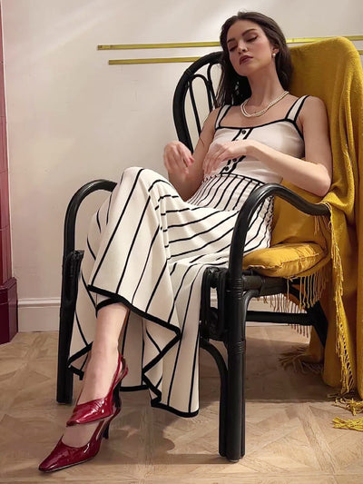 Striped Colorblock Knit Spaghetti Strap Midi Dress
