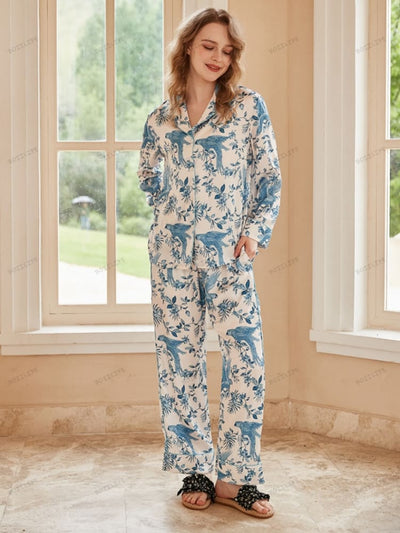 Parrot Print Ice Silk Long-Sleeve Pajama Loungewear Set