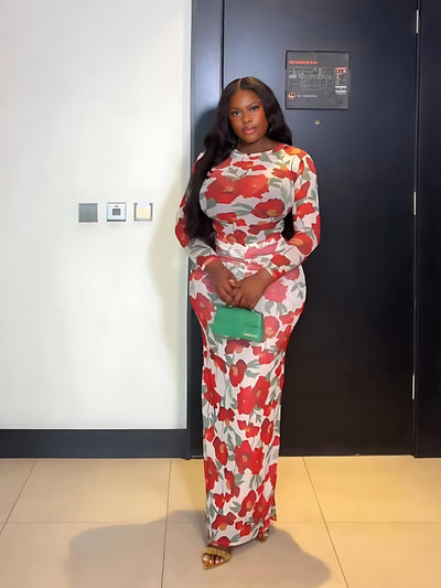 Red Floral Print Bodysuit Skirt Set