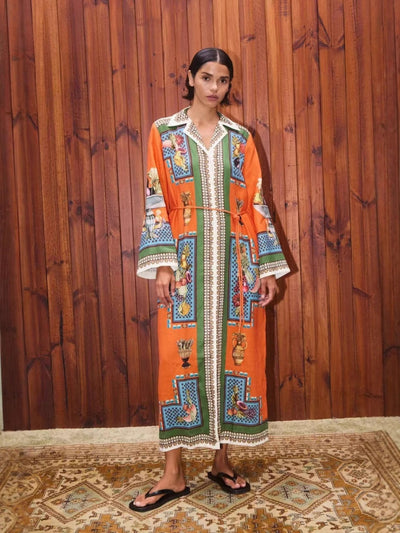 Linen Blazer-Collar Midi Dress