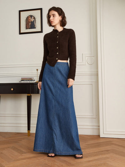 High-Waist A-Line Flared Denim Skirt