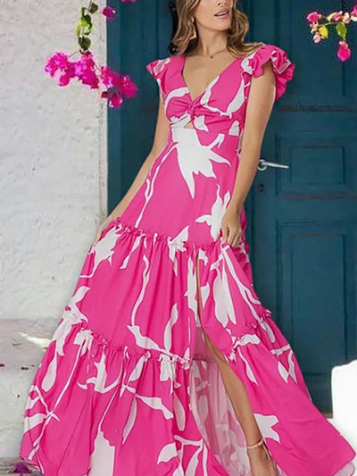 V Neck Ruffle Printed One Piece Swimsuit Set