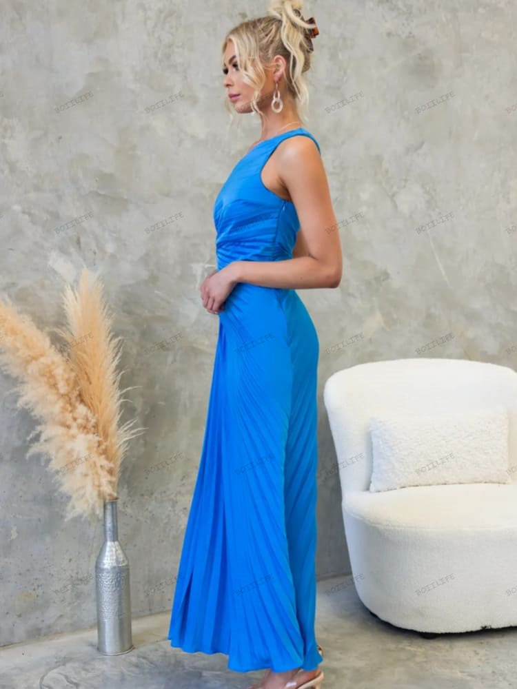 Pleated One-Shoulder Cut-Out Waist Gown