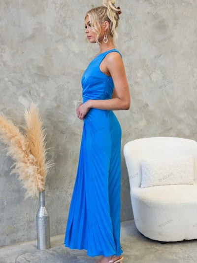 Pleated One-Shoulder Cut-Out Waist Gown