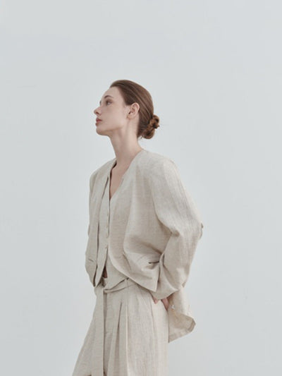 Casual Collarless Linen Blazer