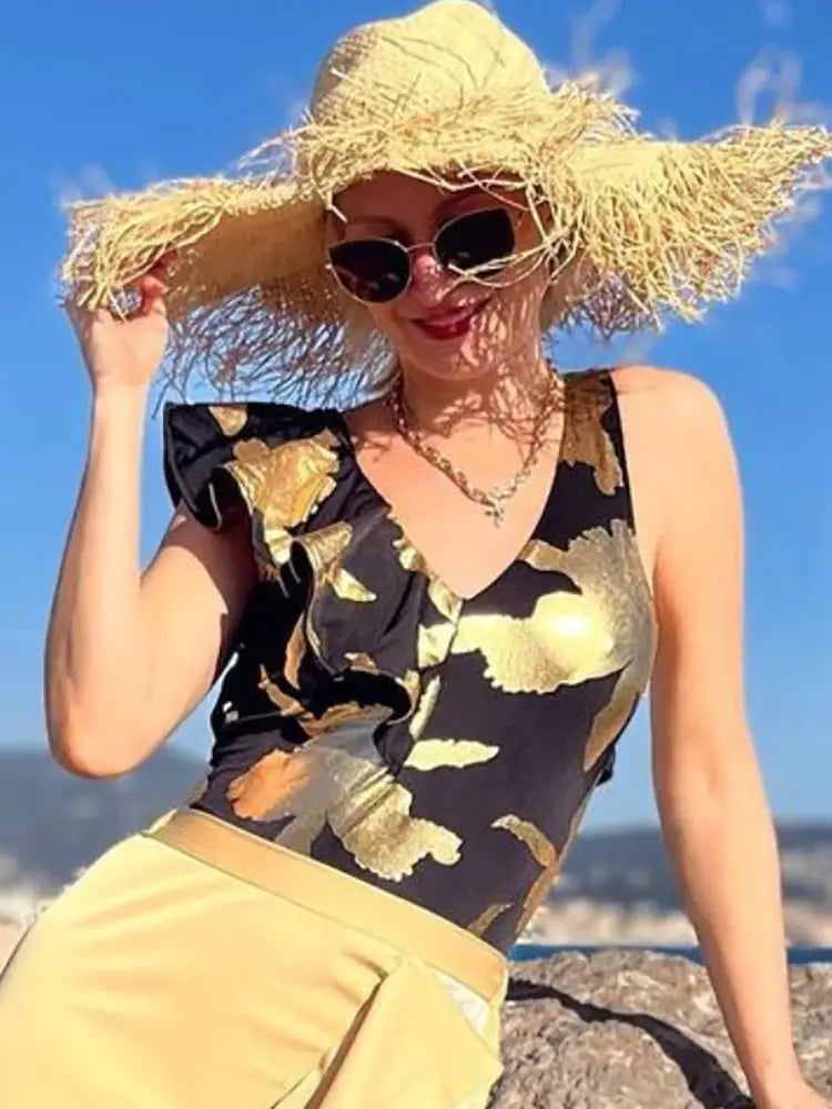 Foil Print Deep V Ruffle One Piece Swimsuit