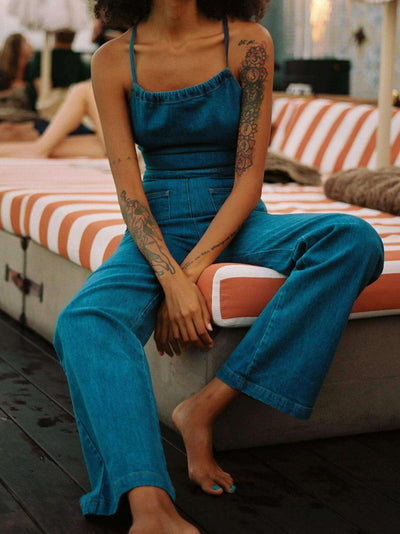Flared Denim With Tie Back Jumpsuit