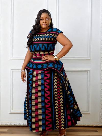 Multicolored African Print Peplum Maxi Dress