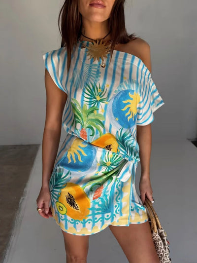 Temperament lace-up linen bodycon dress set