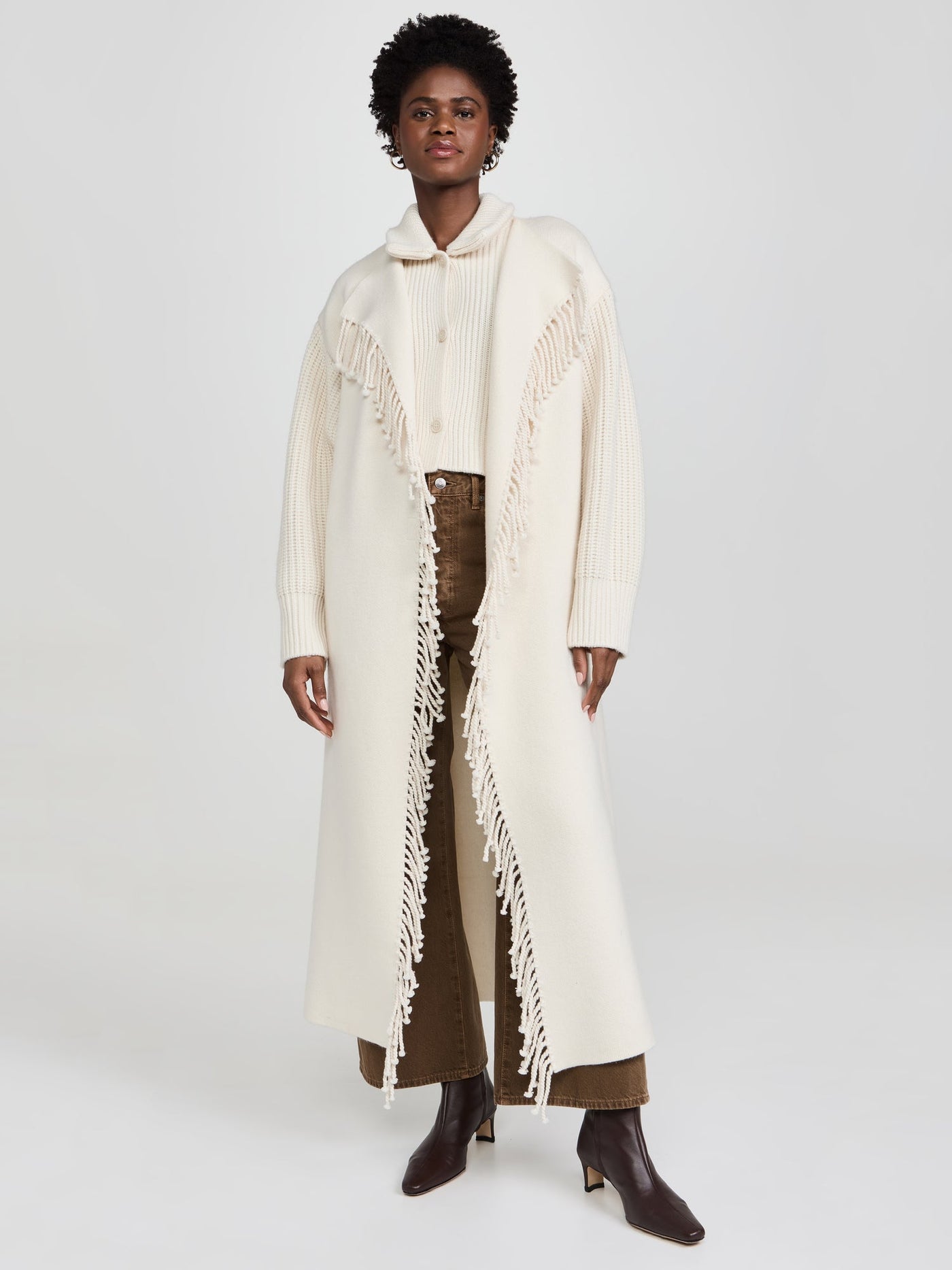Cream Fringe-Trimmed Knit Longline Coat