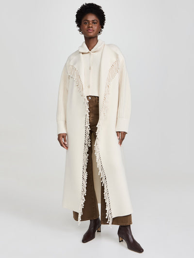 Cream Fringe-Trimmed Knit Longline Coat