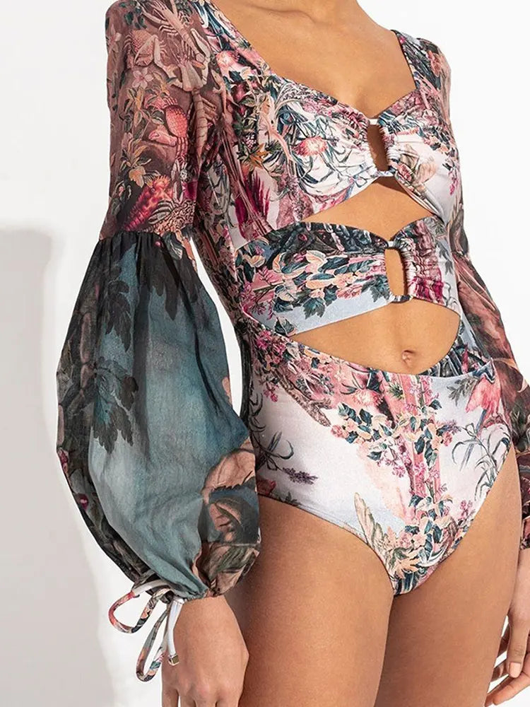 Vintage Print Cutout Swimsuit with Long Sleeves
