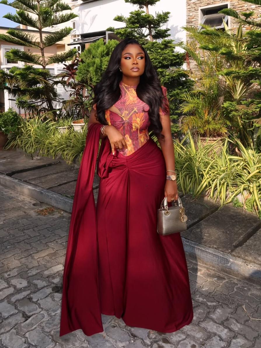 Printed Cutout Bodysuit Draped Skirt Set