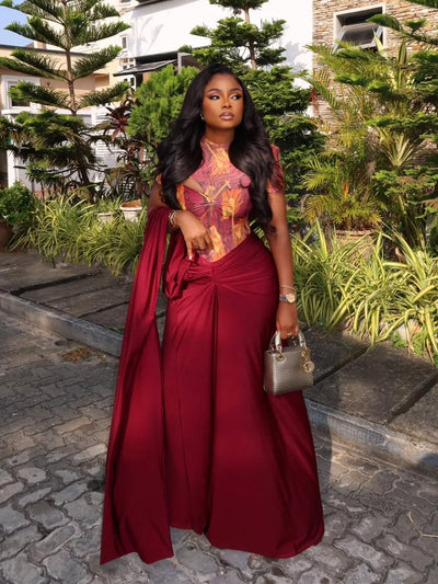 Printed Cutout Bodysuit Draped Skirt Set