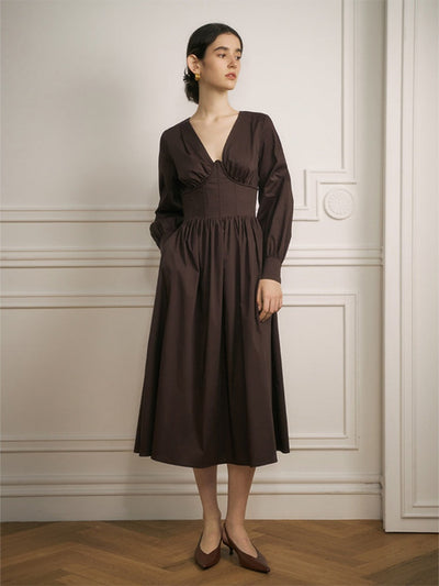 Early Spring V-Neck Waist Midi Dress