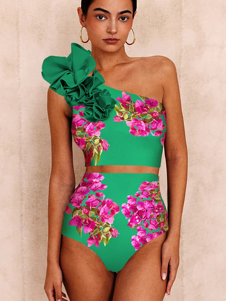 One-Shoulder Printed High-Waist Bikini Set