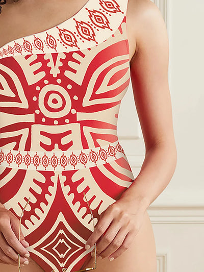 One Shoulder Ethnic Print One Piece Swimsuit