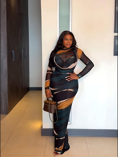 Abstract Mesh Bodysuit & Slip Dress Set