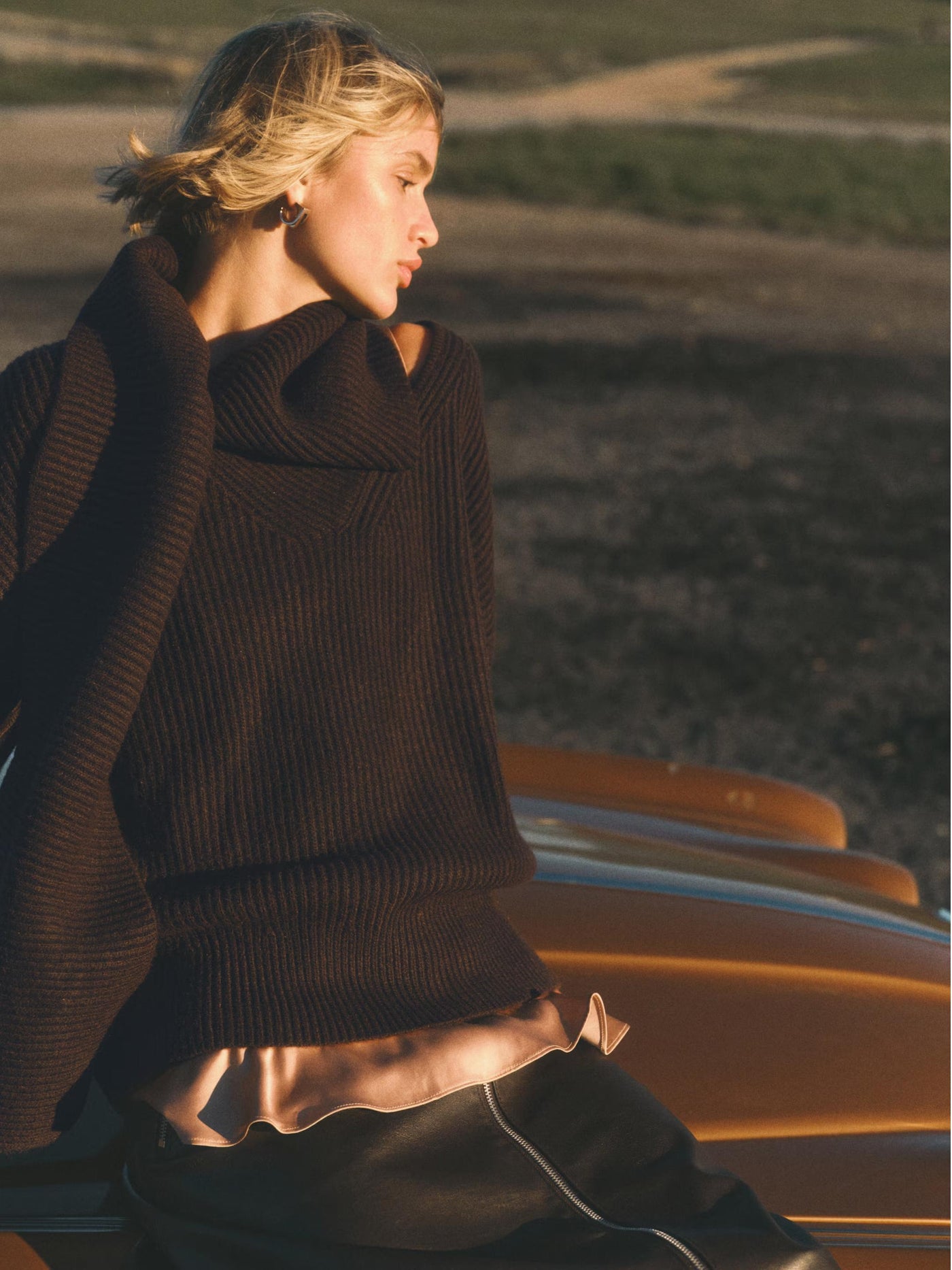 Loose Rib-Knit Scarf-Collar Sweater