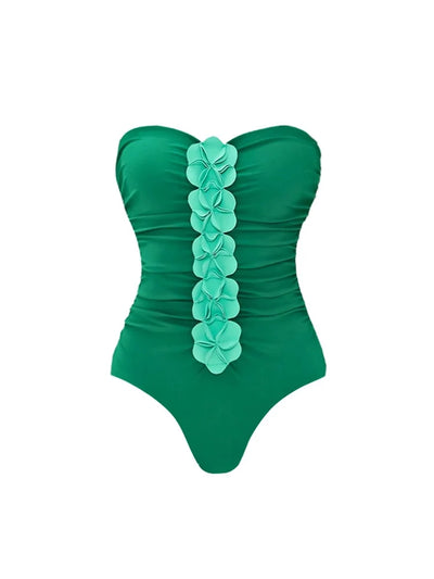 Green 3D Floral Strapless Swimsuit
